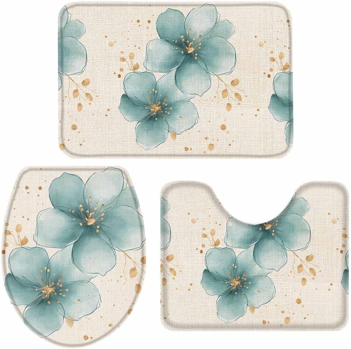Wotrend Floral 3-Piece Bath Rug Set with Non-Slip Rubber Bottom