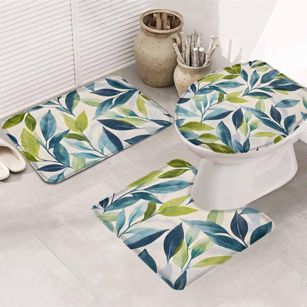 Wotrend Spring 3 Piece Bath Rug Set with Green Blue Leaves Linen Texture