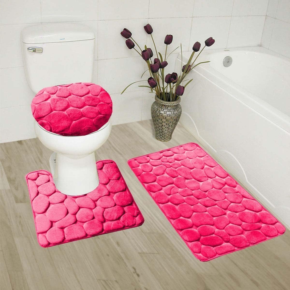 Golden Linens Hot Pink Stone Rock Embossed Bath Mat Set