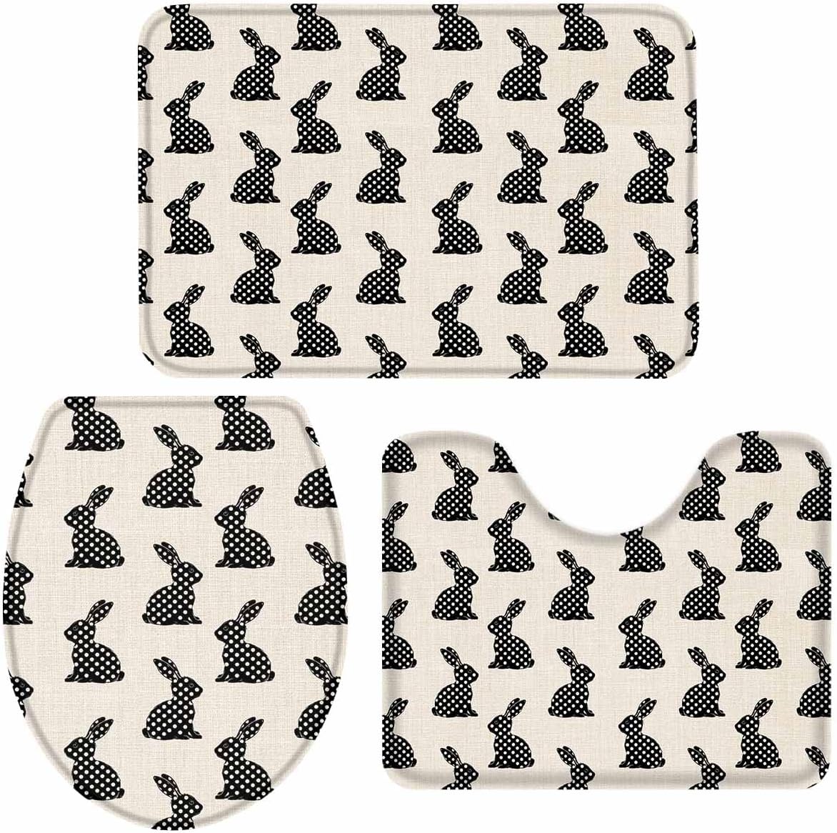 Wotrend Easter 3 Piece Bath Rug Set with Wave Pattern Rabbit Design