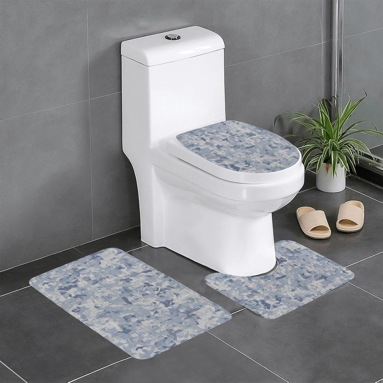 French Linen Mottled Bath Rug Set 3 Pieces Non-Slip