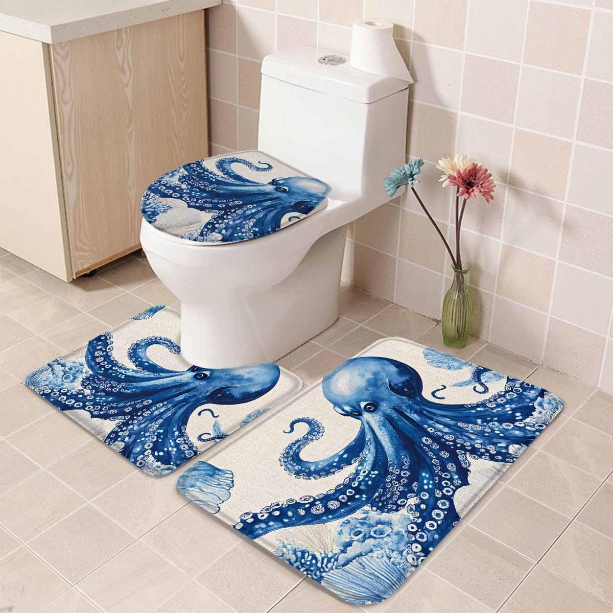 Wotrend Octopus Bath Rug Set 3 Pieces Tentacles Blue