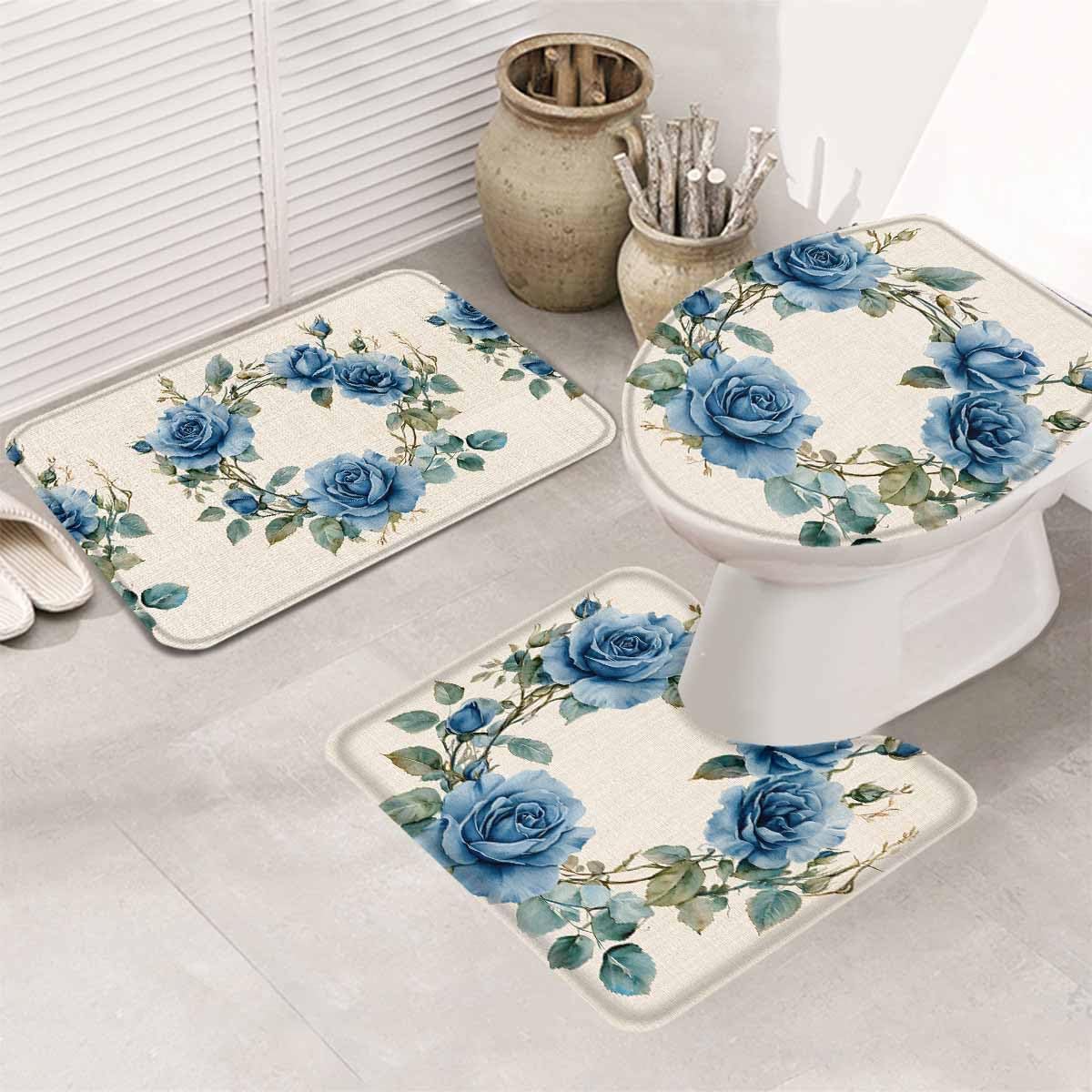 Wotrend Farmhouse Blue Rose Bath Rug Set 3 Piece