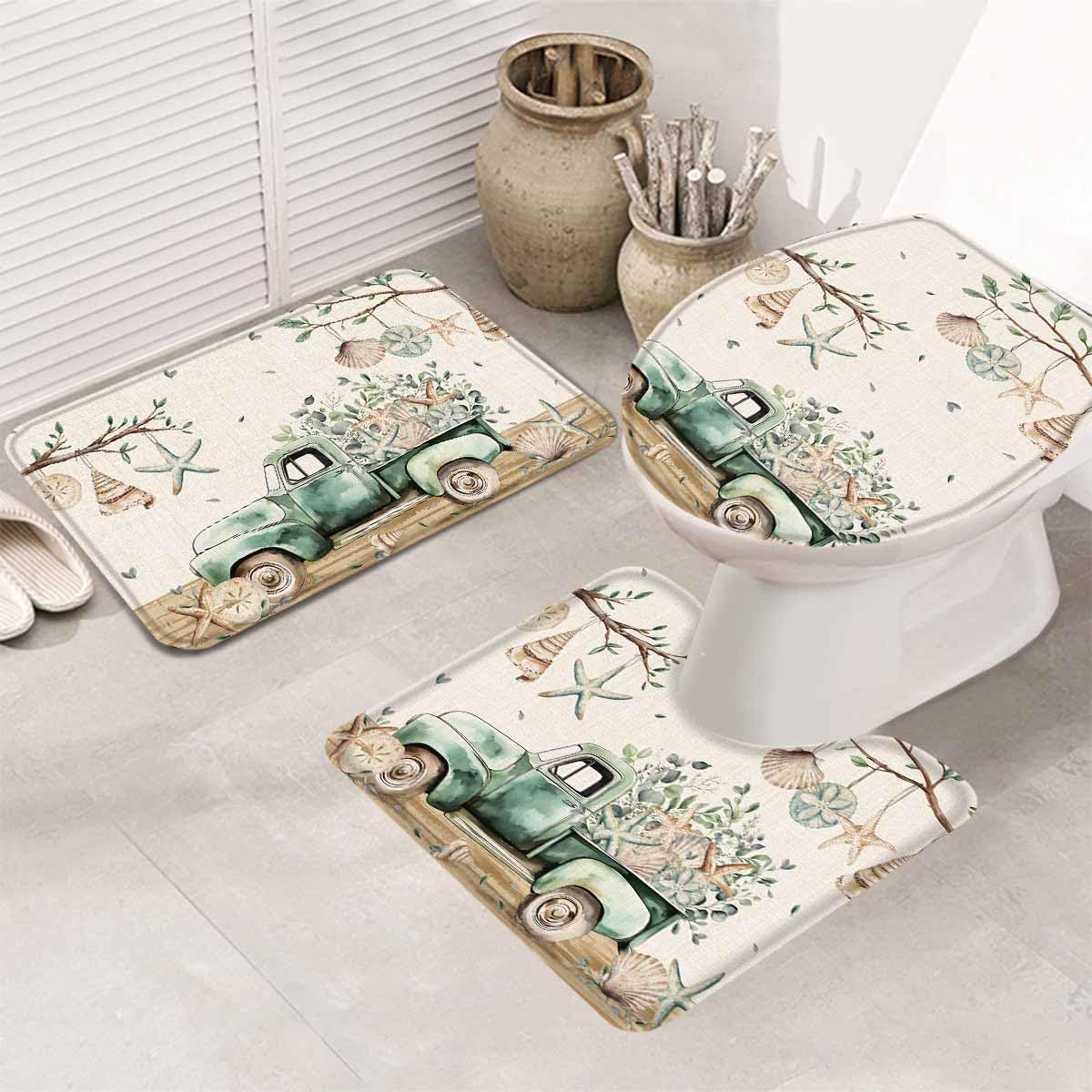 Wotrend Summer 3 Piece Bath Rug Set with Green Truck Starfish Pattern