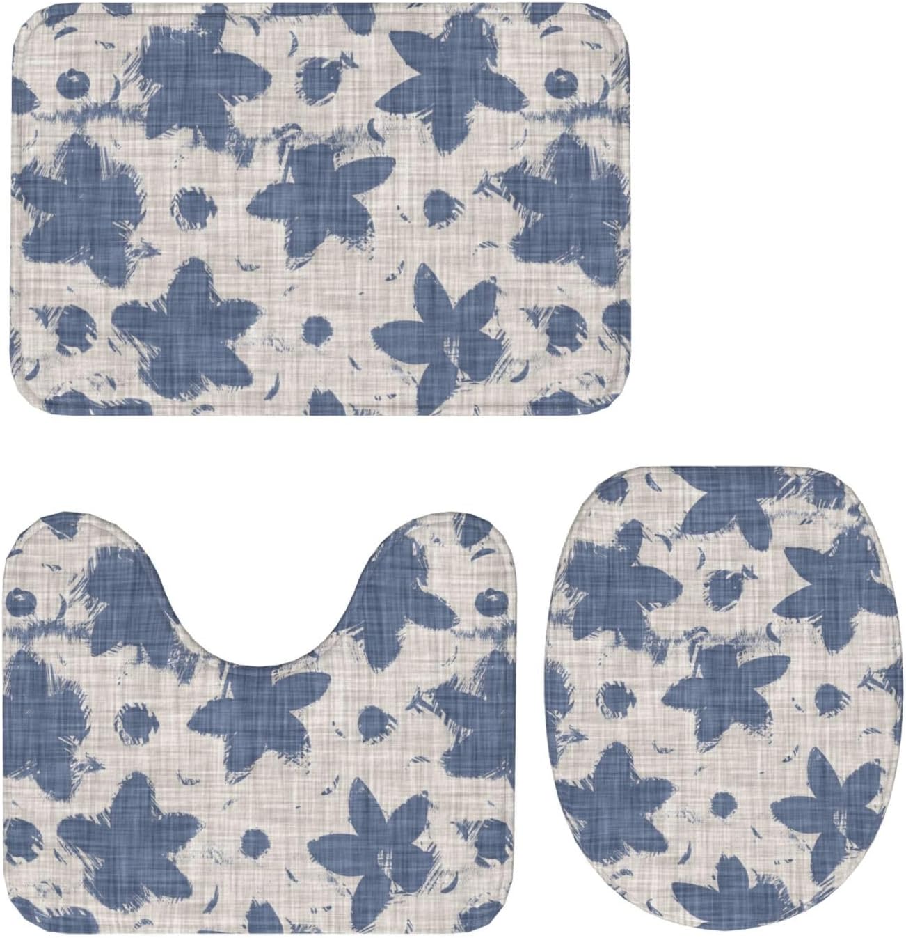 French Linen Floral Bathroom Rug 3-Piece Set
