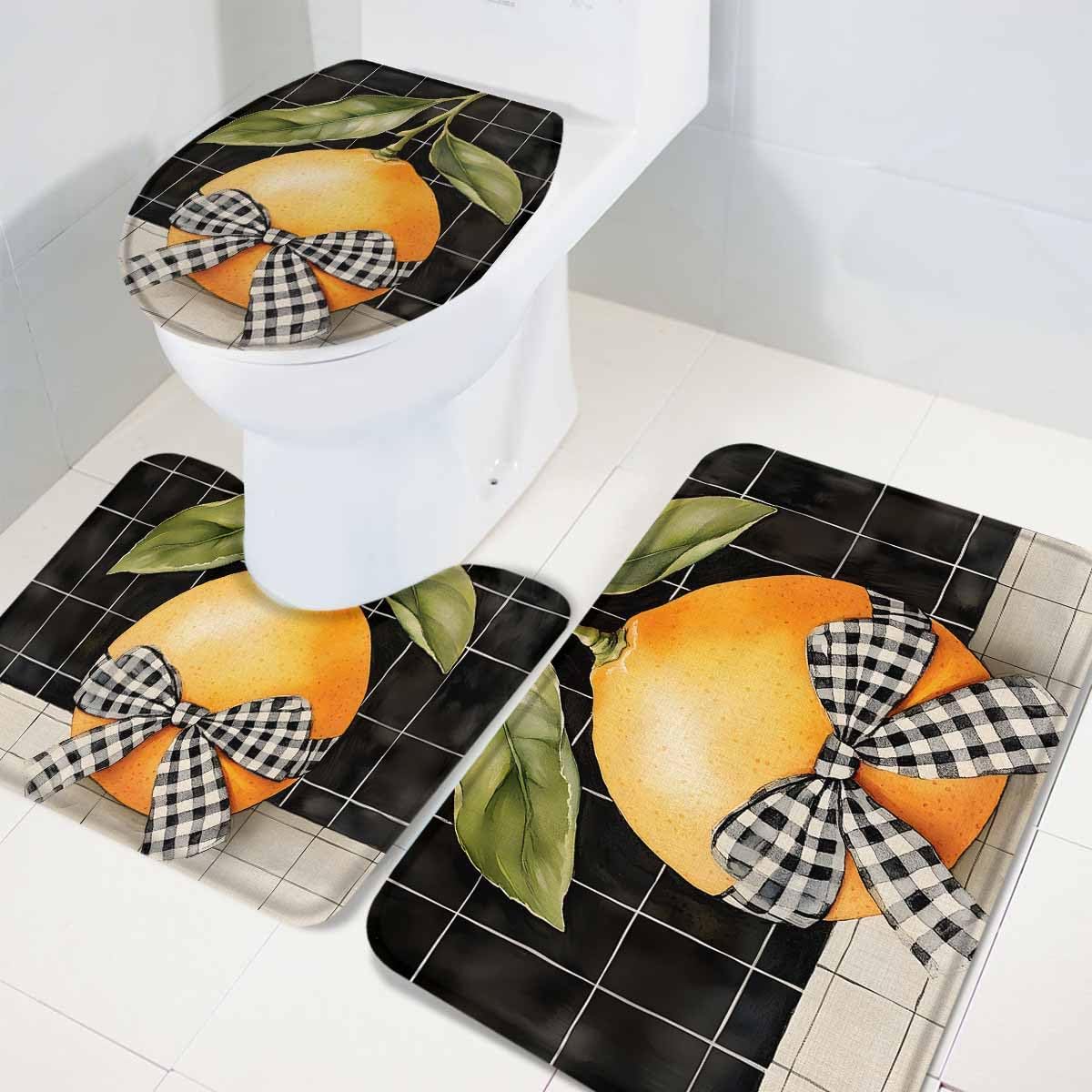Wotrend Lemon 3 Piece Bath Rug Set with Checked Plaid Linen Texture