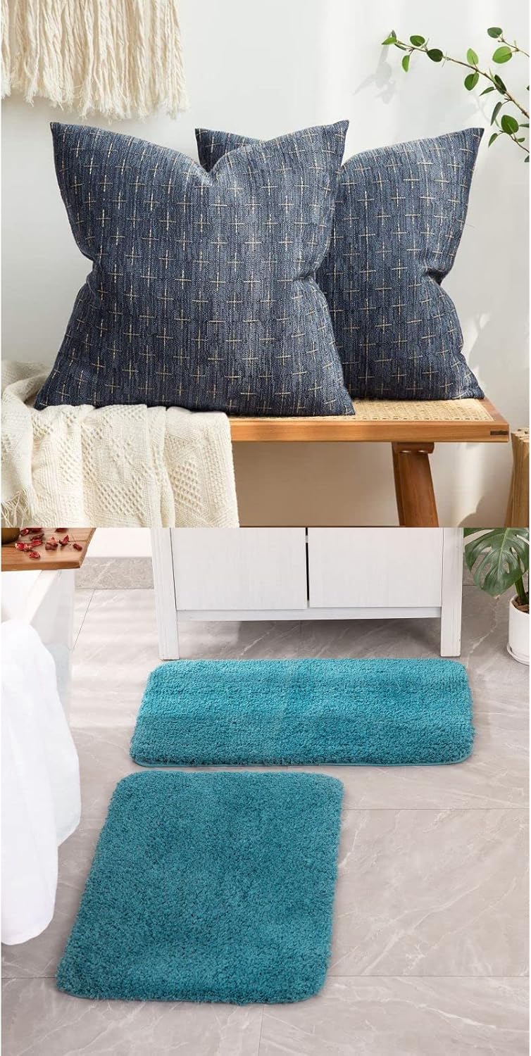 MIULEE Blue Linen Throw Pillow Covers Teal Bath Rugs Set
