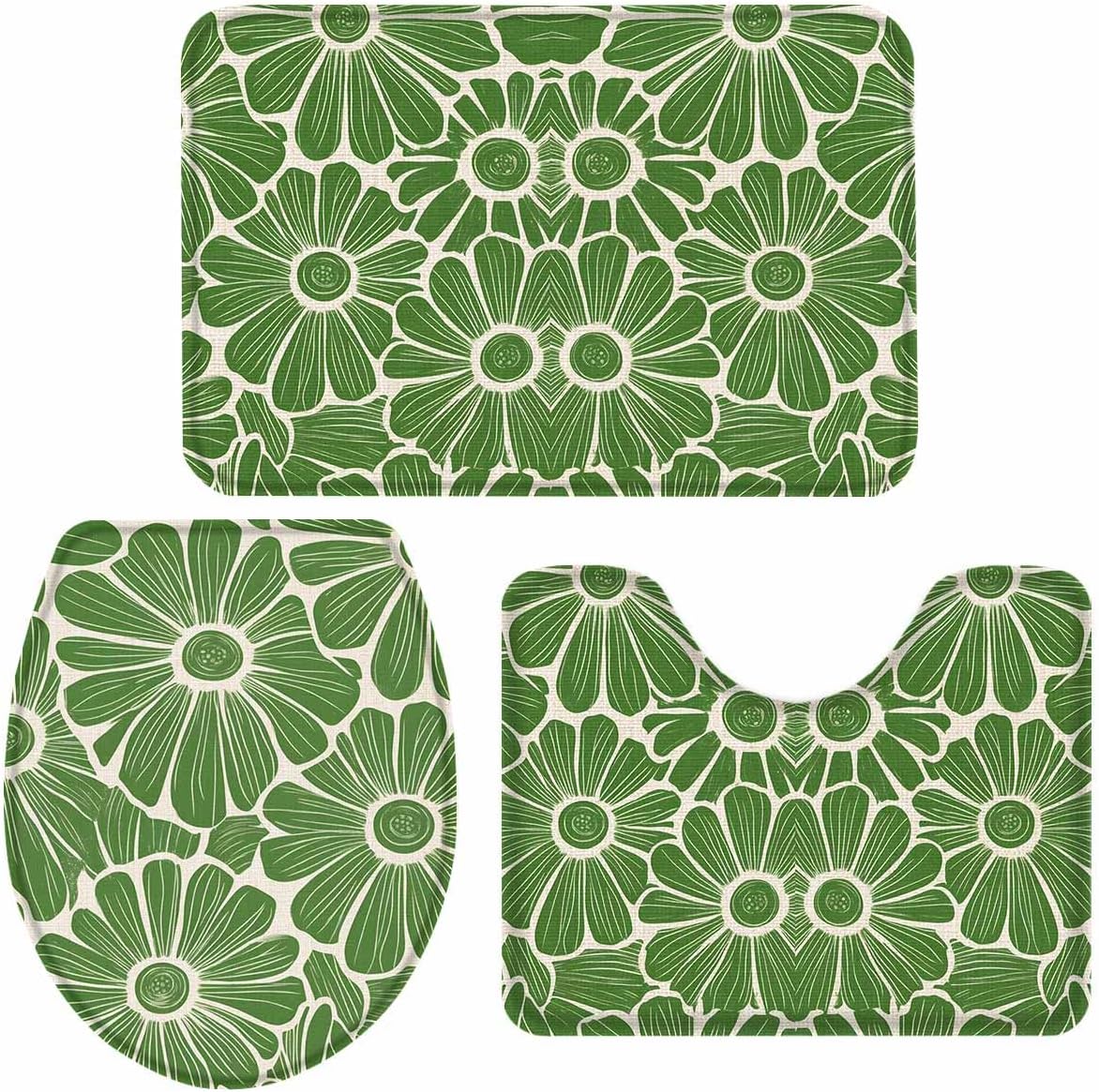 Wotrend Spring 3 Piece Bath Rug Set Floral Green Linen Texture