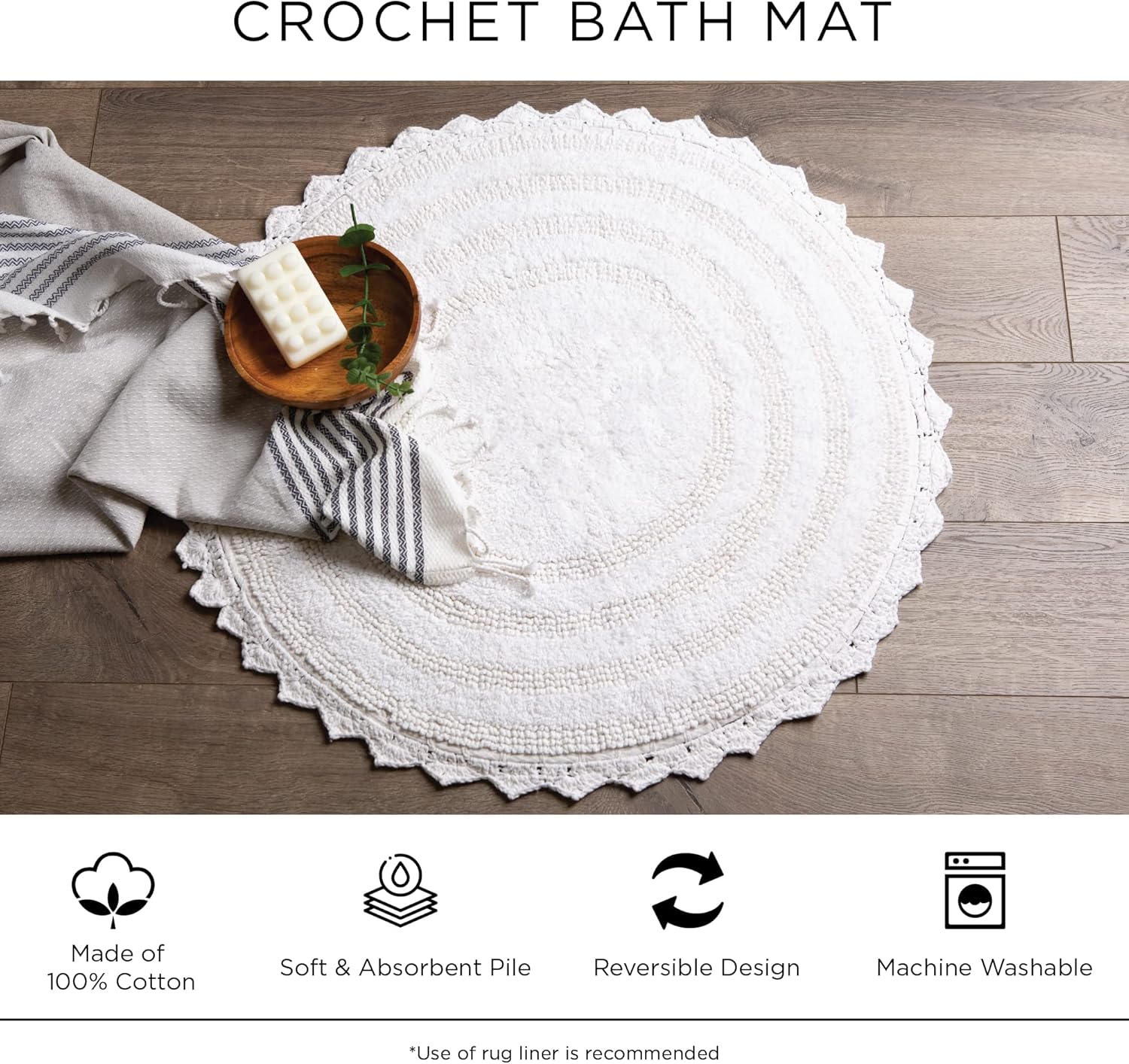 DII Crochet Round Bath Mat 275 Stone
