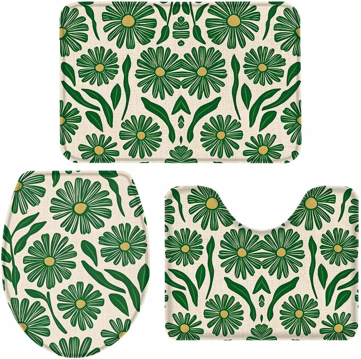 Wotrend 3 Piece Bath Rug Set Green Flower Linen Texture 1