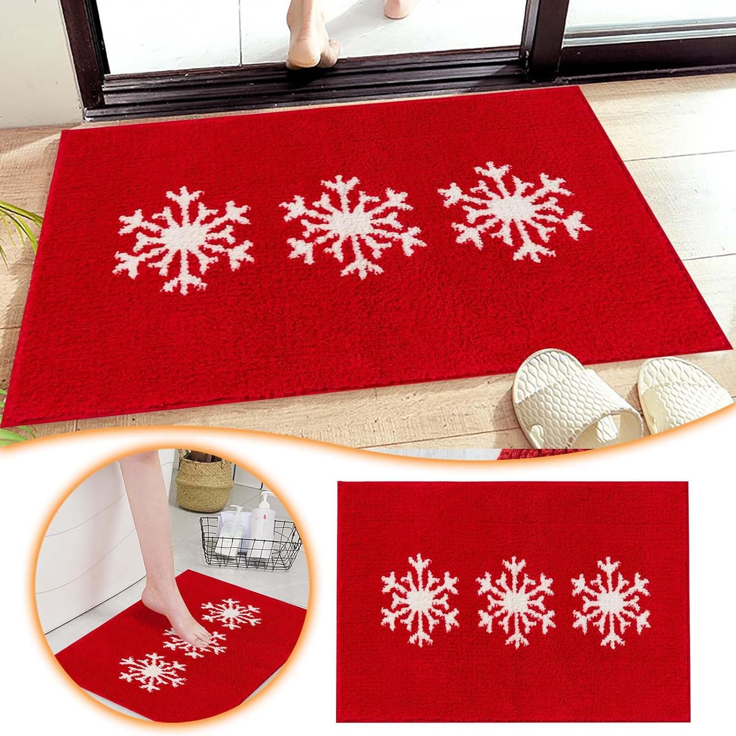 Yiwula Christmas Doormat Soft Winter Red Snowflake Bath Rug
