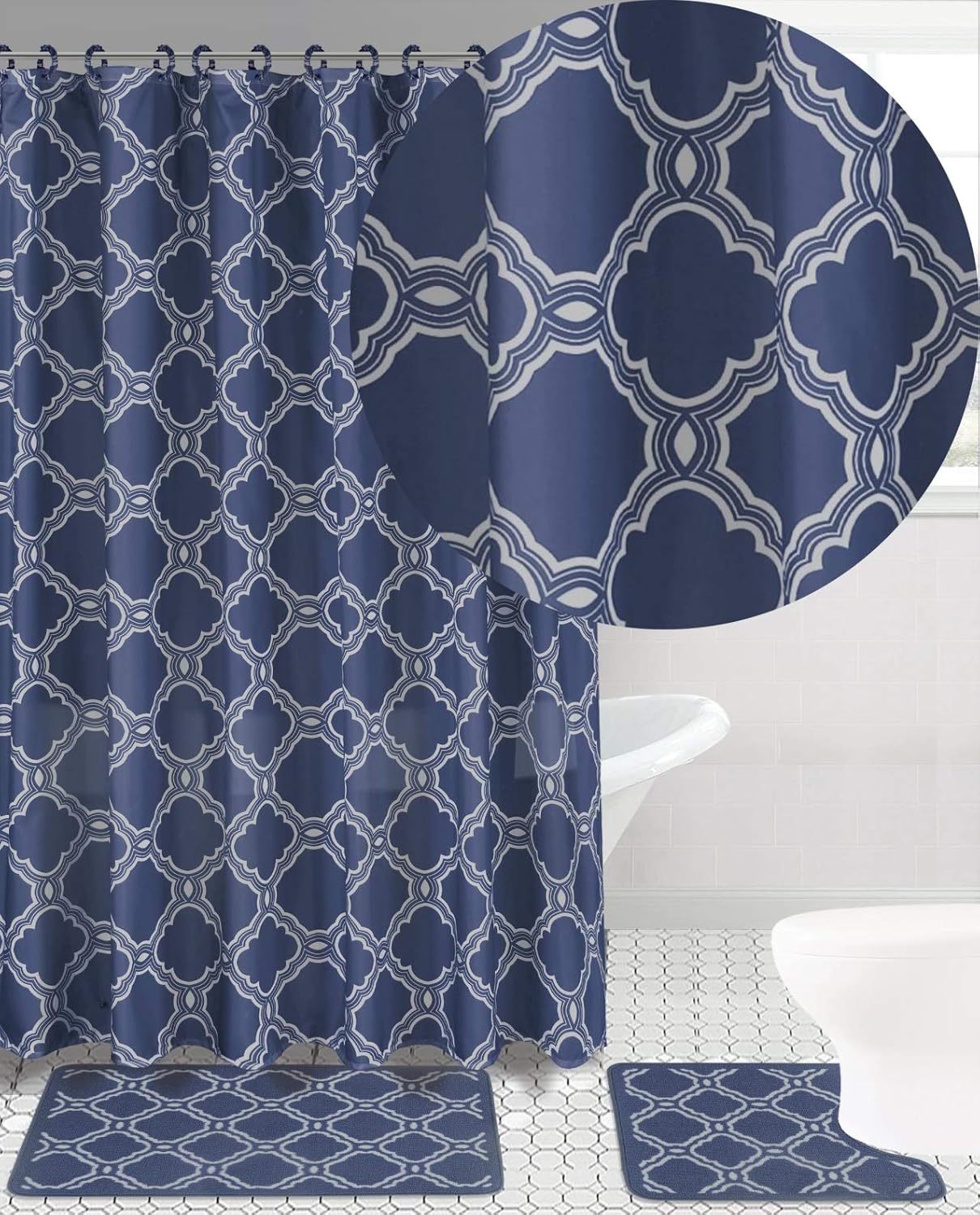 15 Piece Bath Mat Set with Non-Skid Shower Curtain and Hooks