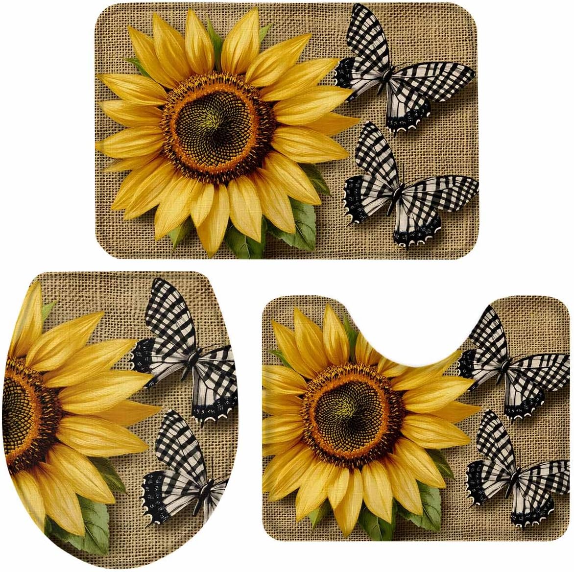 Wotrend Floral Bath Rug Set with Sunflowers and Butterfly Design
