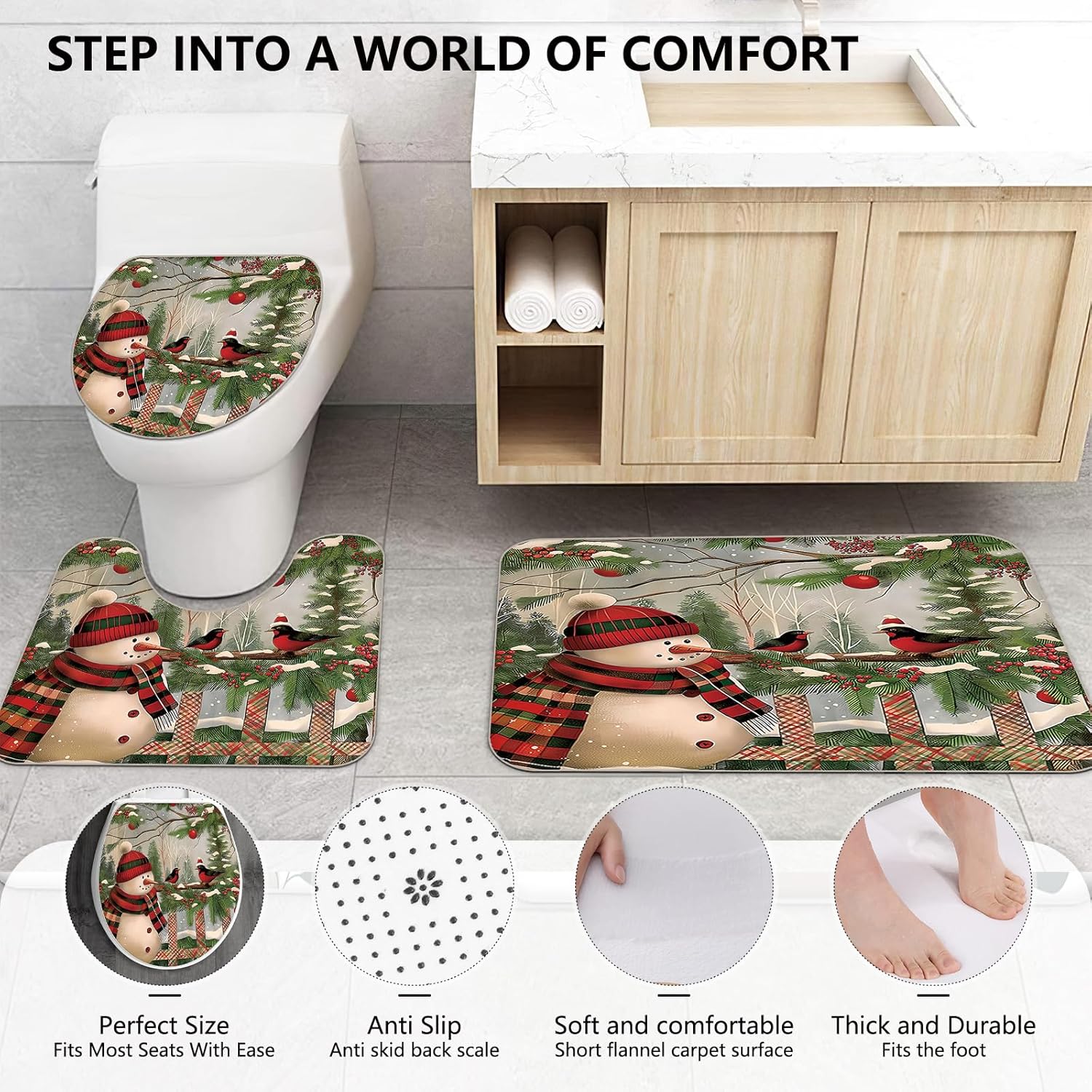 APROPHIC Christmas Snowman Shower Curtain Set with Rugs and Hooks 1