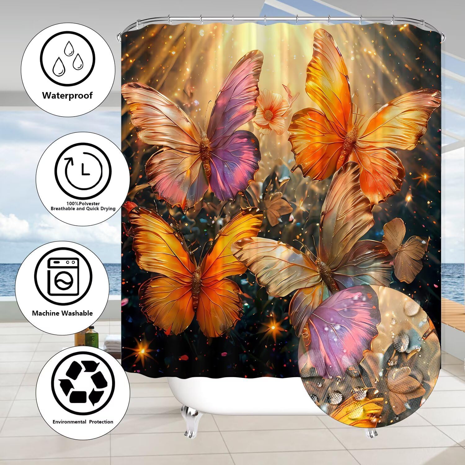 4Pcs Gold Butterfly Shower Curtain Set with Mats and Hooks