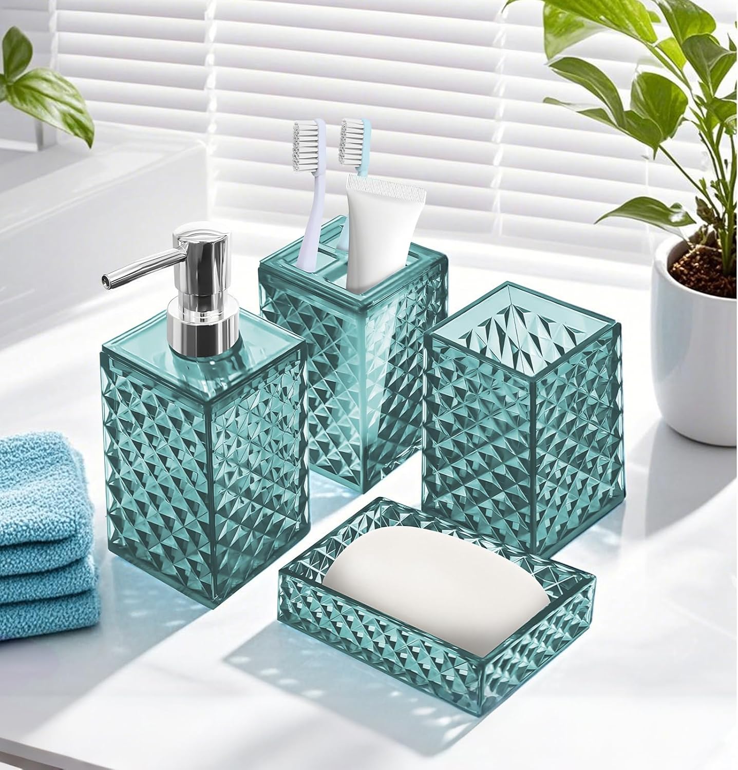 Samhe 4 Pcs Blue Plastic Bathroom Accessory Set
