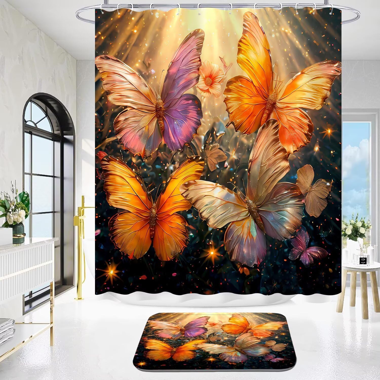 4Pcs Gold Butterfly Shower Curtain Set with Mats and Hooks