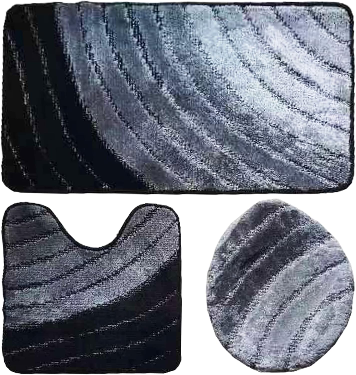 BH Home Linen 3 Pcs Shaggy Geometric Striped Bath Rug Set