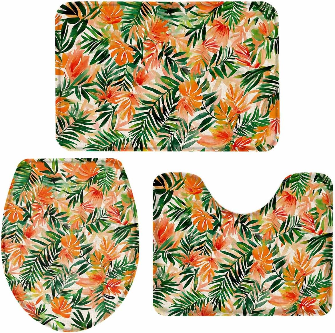 LgioyxQ Orange Green Leaves Bathroom Rugs Set 3 Piece