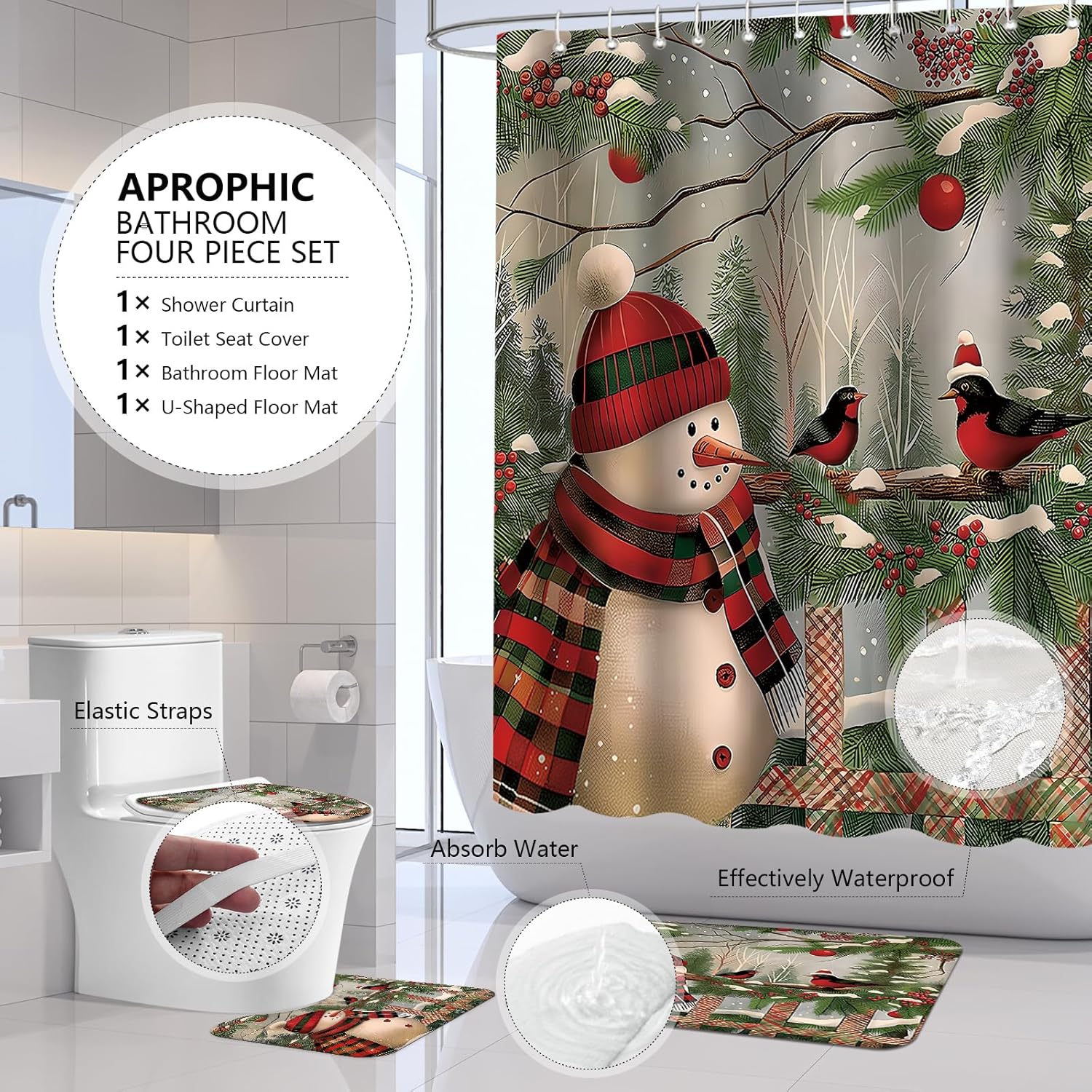 APROPHIC Christmas Snowman Shower Curtain Set with Rugs and Hooks 1