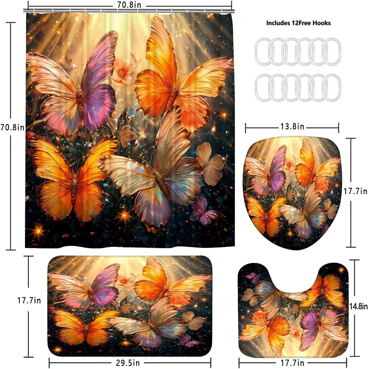 4Pcs Gold Butterfly Shower Curtain Set with Mats and Hooks