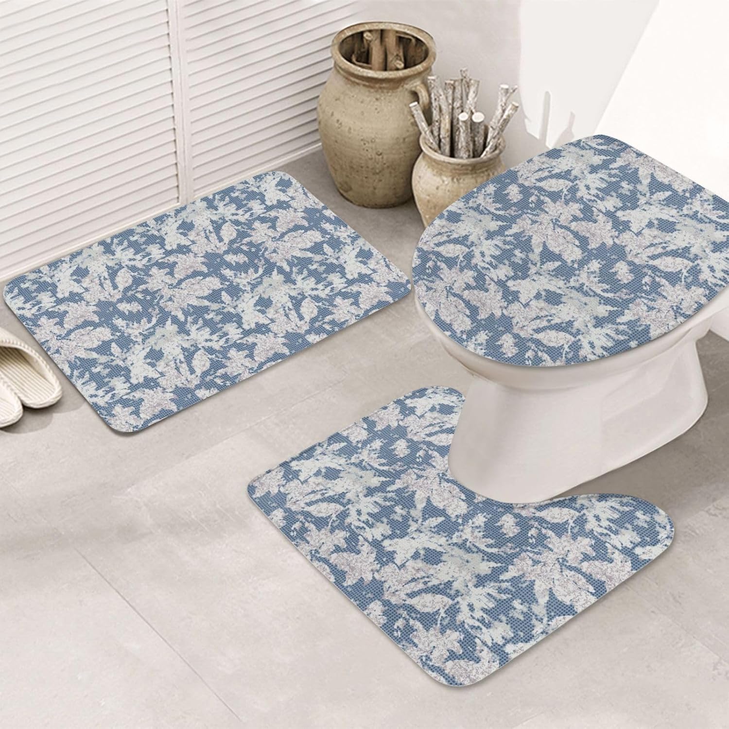 Linen Texture Leaf Bathroom Rug Set 3 Piece Non-Slip