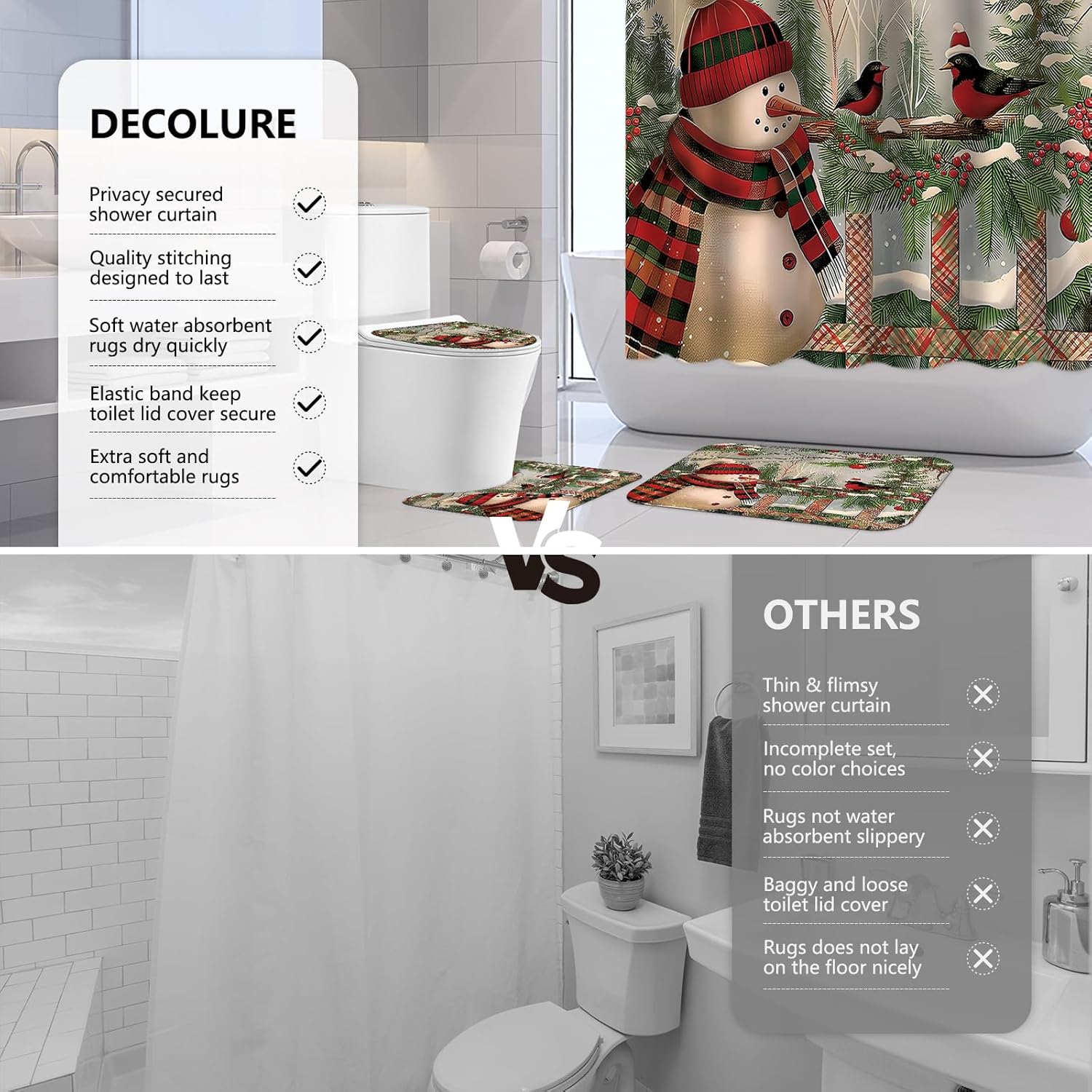 APROPHIC Christmas Snowman Shower Curtain Set with Rugs and Hooks 1