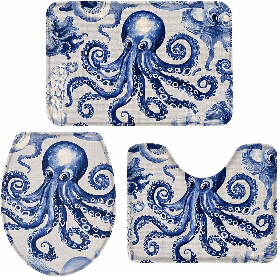 Wotrend Octopus 3 Piece Bath Rug Set Navy Blue