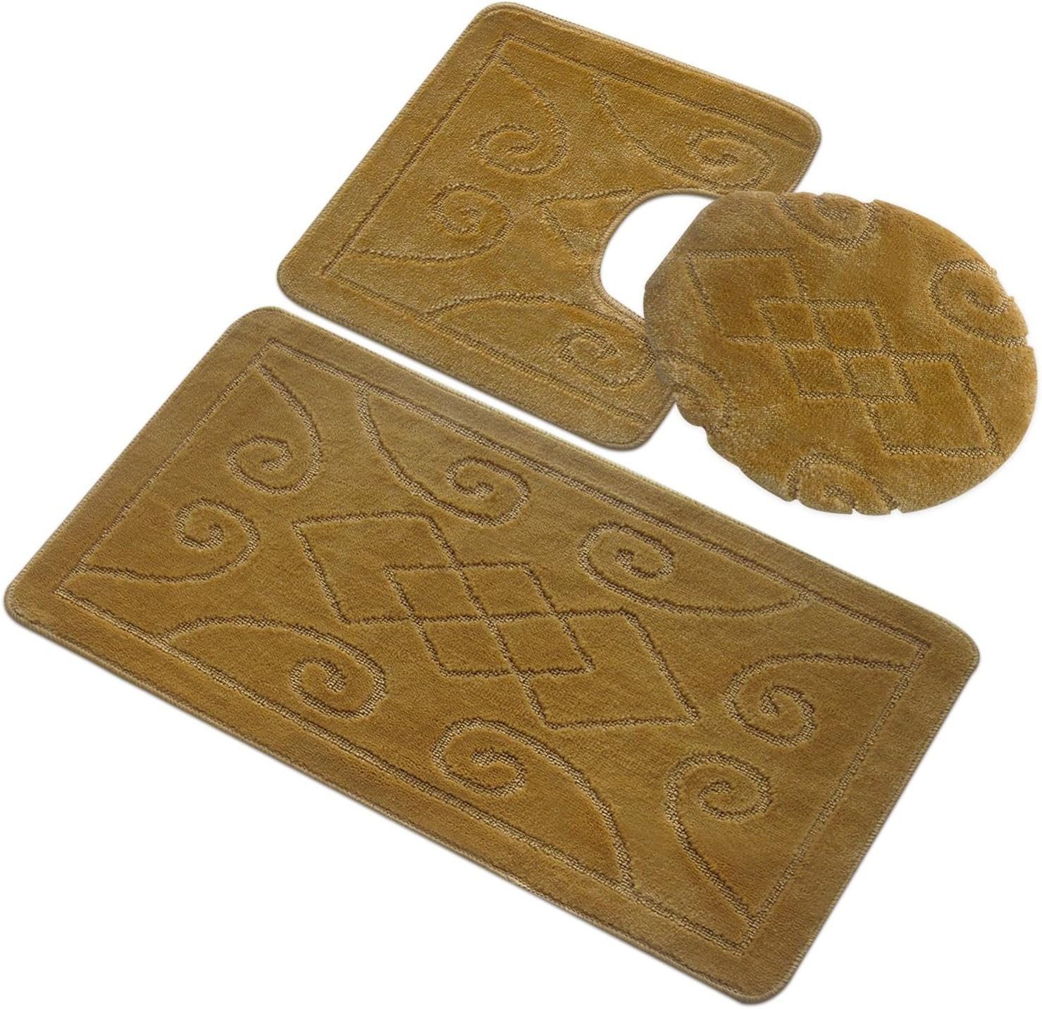 3 Piece Premium Polypropylene Bath Rug Set with Gold Tile Design