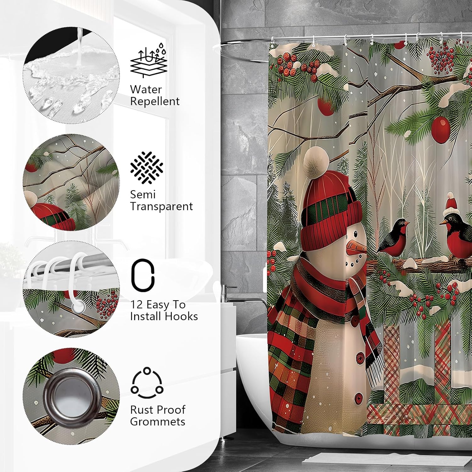 APROPHIC Christmas Snowman Shower Curtain Set with Rugs and Hooks 1