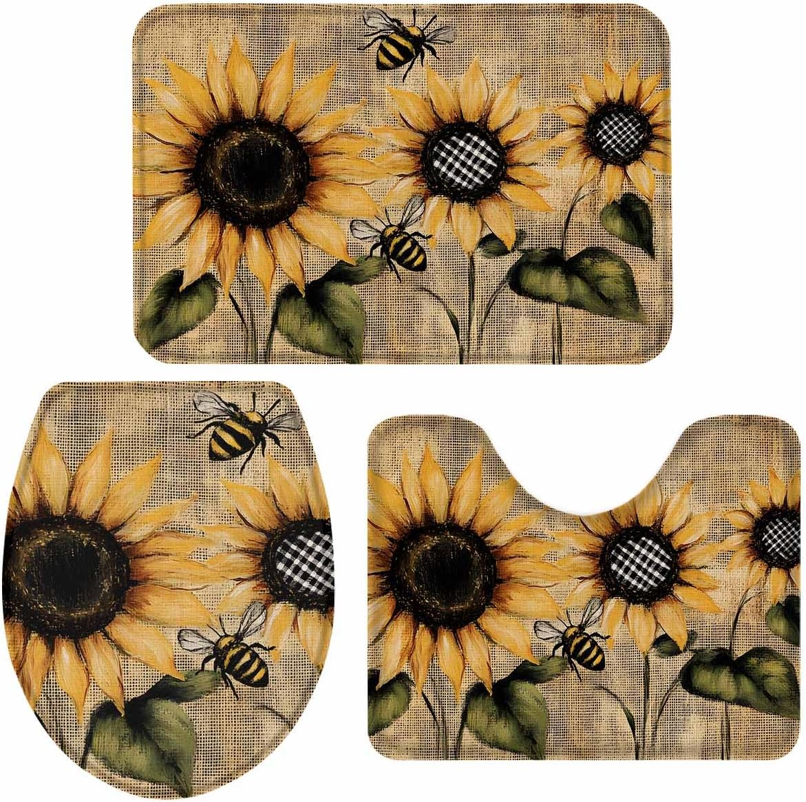 Wotrend Floral Bath Rug Set with Sunflowers Pattern
