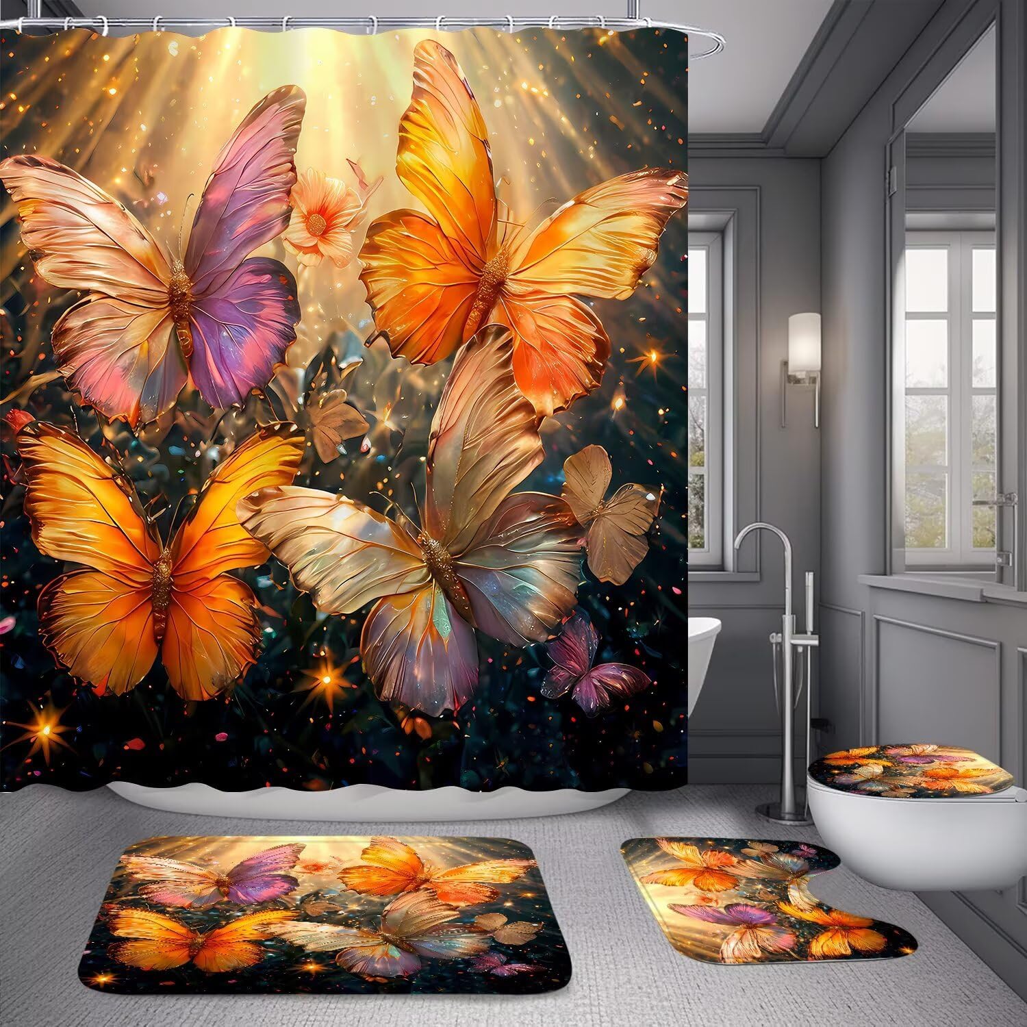 4Pcs Gold Butterfly Shower Curtain Set with Mats and Hooks