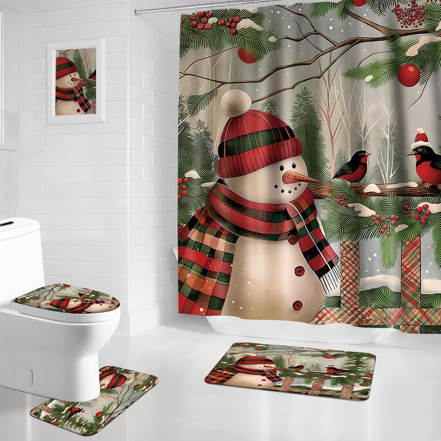 APROPHIC Christmas Snowman Shower Curtain Set with Rugs and Hooks 1