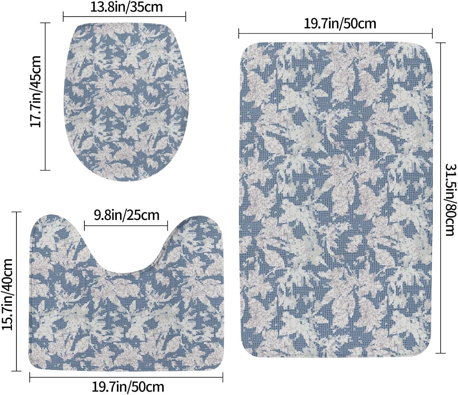 Linen Texture Leaf Bathroom Rug Set 3 Piece Non-Slip