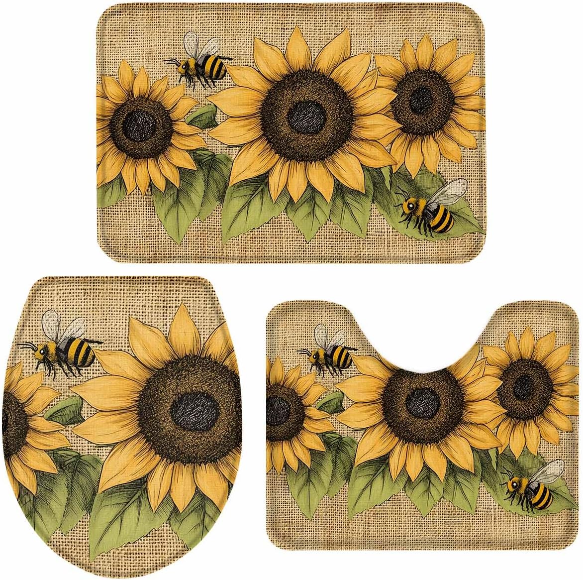 Wotrend Floral 3-Piece Bath Rug Set with Sunflowers and Butterfly Design